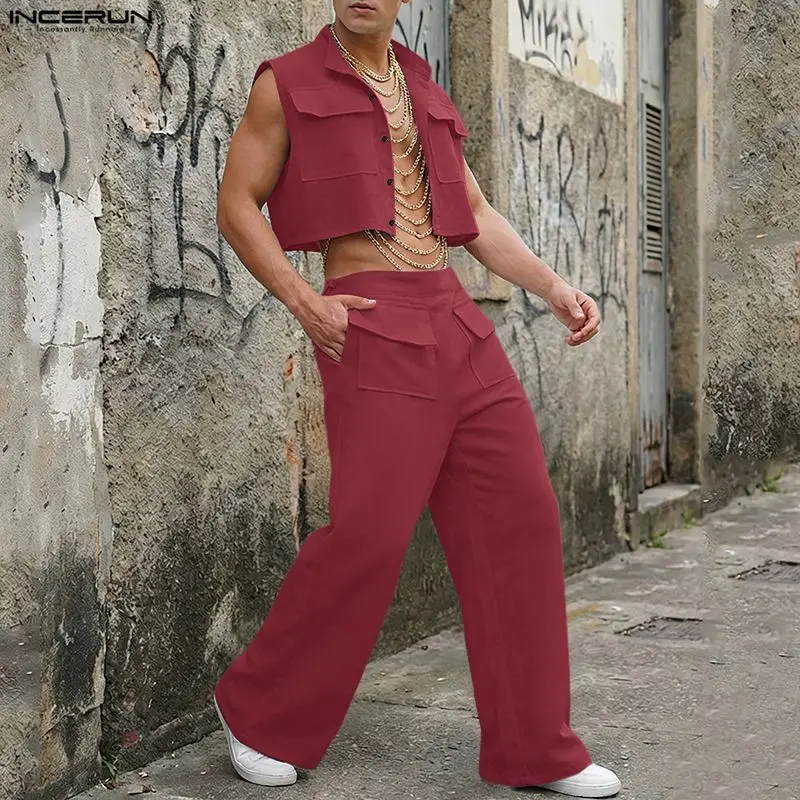 Mens Fashion Casual Outfits - Мужской комплект INCERUN: однотонные укороченные топы